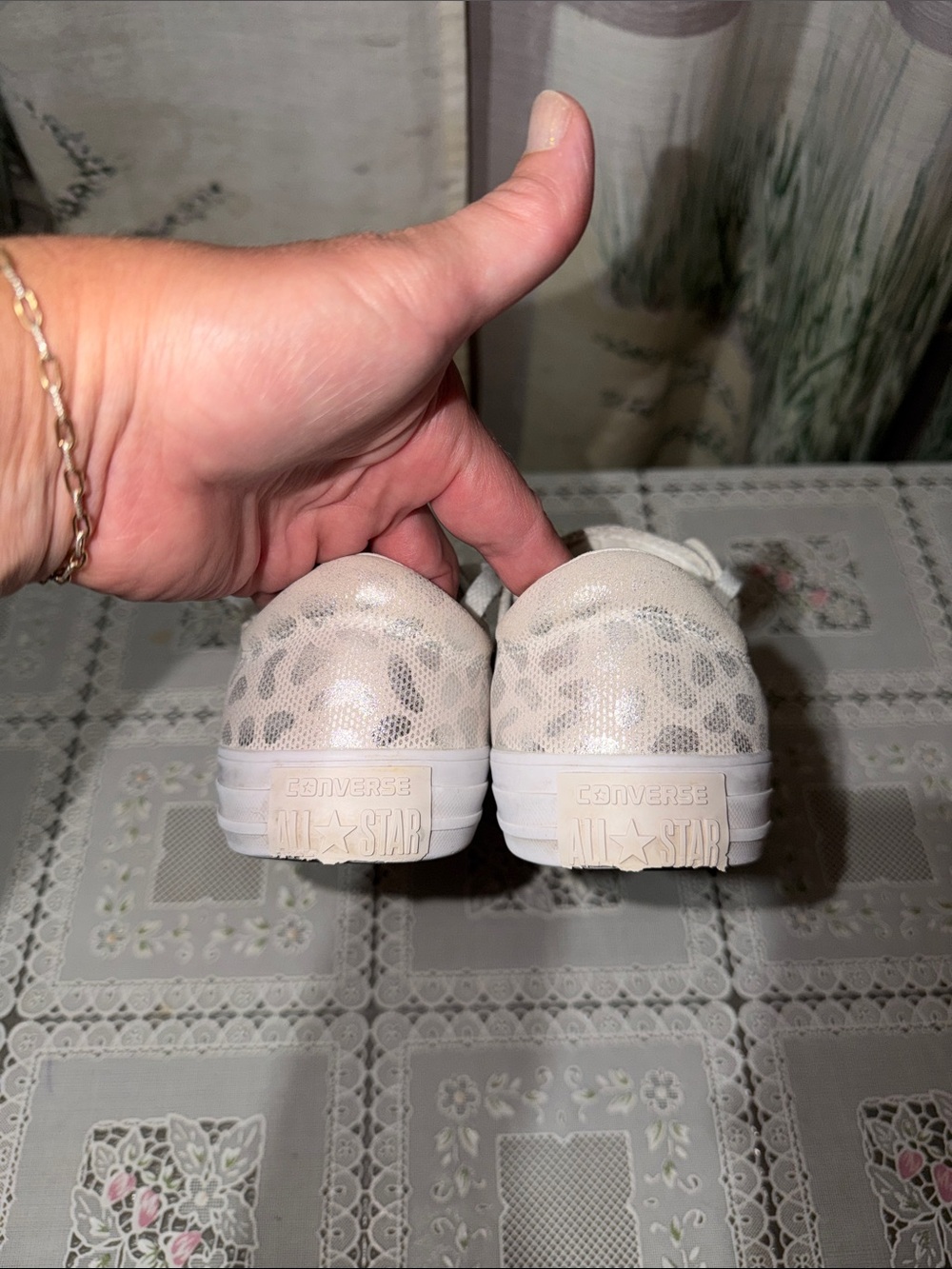 Converse Women's Low Top Sneakers in White with Beige/Silver Animal Print - Picture 2 of 7